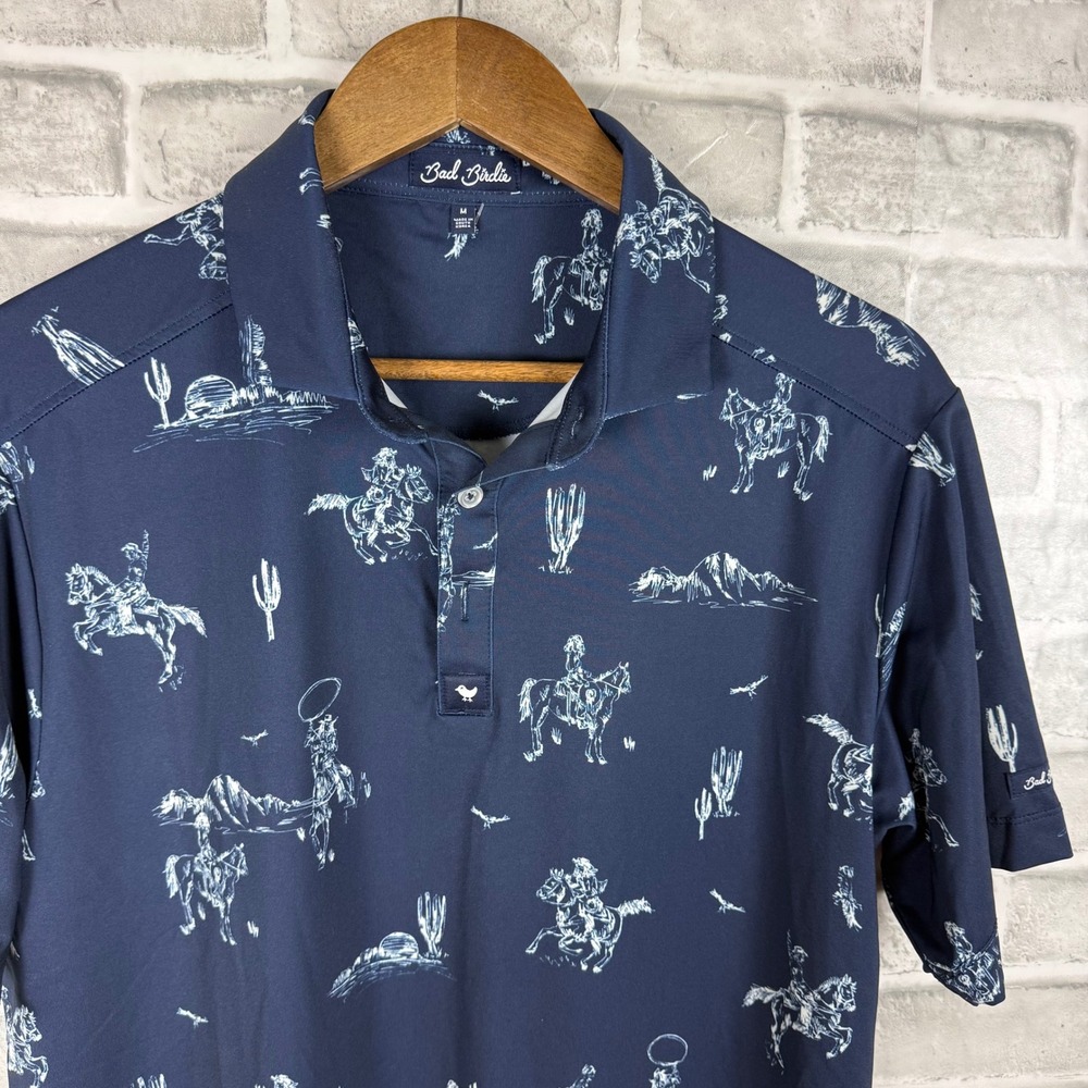 Bad Birdie Mens Navy Blue Western AOP YEEHAW Golf Polo Shirt Size MEDIUM
